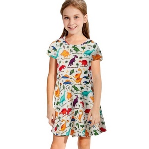 Graphic Customization Fun Dinosaur Full Print Little Girls Dress Short Sleeve Toddler Sundress Spring Summer Apparel for 2-14Y