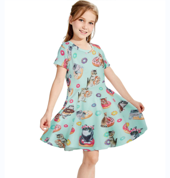 Graphic Customization Fun Dinosaur Full Print Little Girls Dress Short Sleeve Toddler Sundress Spring Summer Apparel for 2-14Y