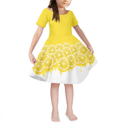 Manufacturer Little Girls Dress Short Sleeve Toddler Summer Midi Sundress Elegant Bright Yellow Cute Lemon Print Dress For Girls