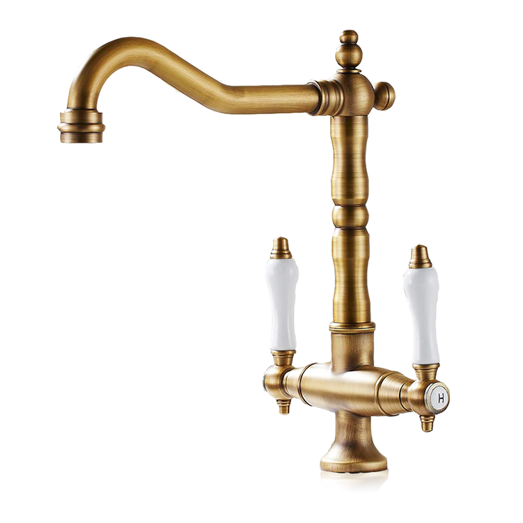 European Heritage Brushed Gold Kitchen Sink Faucets Double Handle Bridge Kitchen Faucet Brass