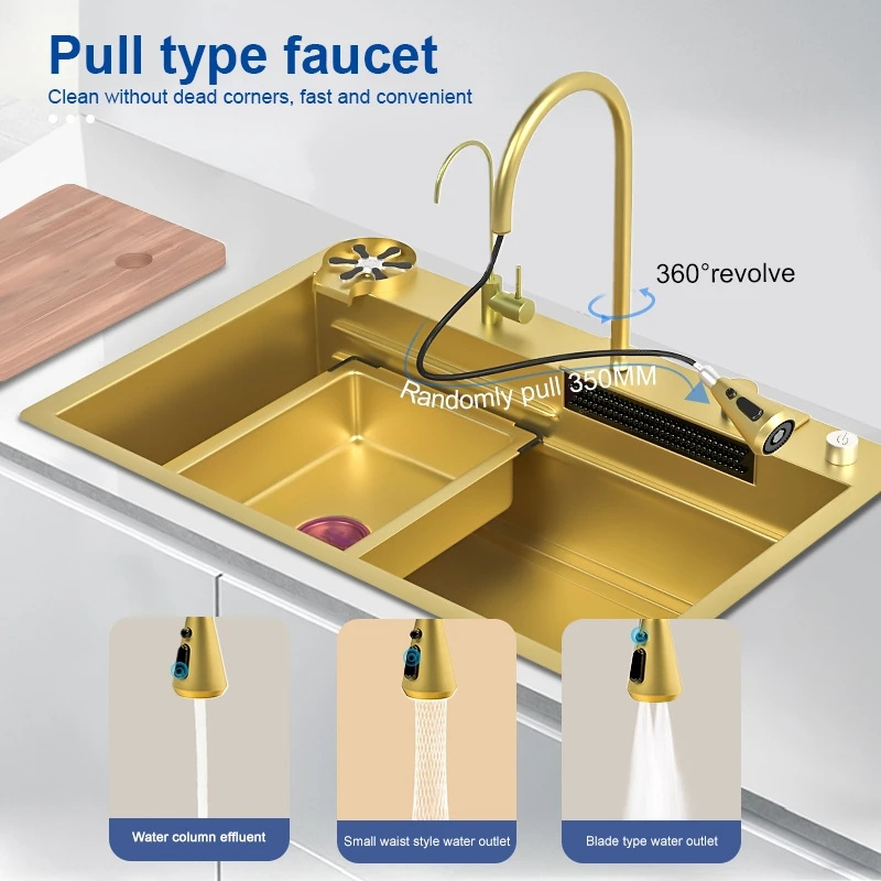 2023 Best Selling Gold Stainless Steel Rainfall Faucet Above Counter Sink Cuisine Multifunctional Kitchen Sinks