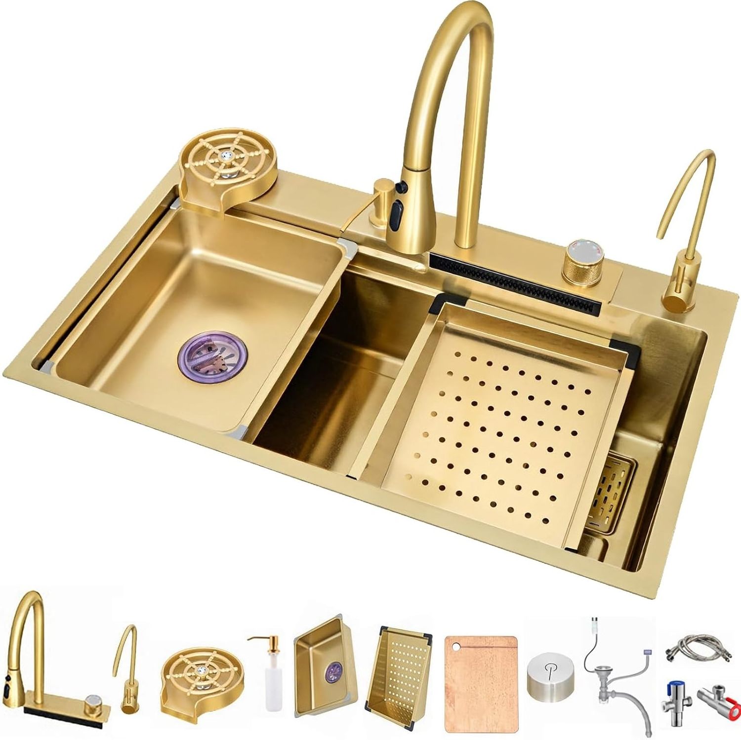 Instagram Luxury Modern Stainless Steel Nano Handmade Kitchen Sink With Multifunction Waterfall Faucet