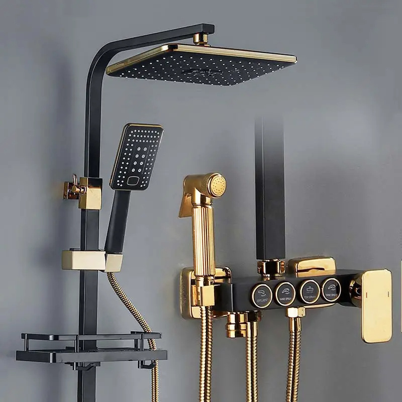 Square Bathroom Shower System Brass Black Gold Bathtub Mixer Bath Faucet Hot Cold Bathroom Tap Thermostatic Shower Set