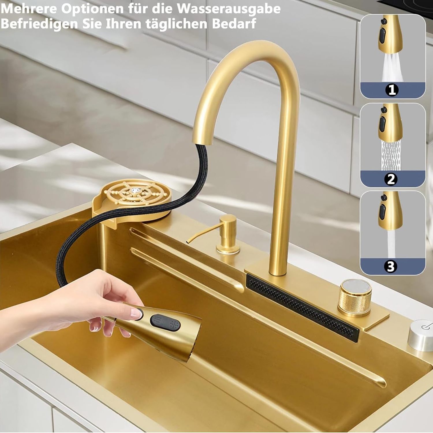 Instagram Luxury Modern Stainless Steel Nano Handmade Kitchen Sink With Multifunction Waterfall Faucet