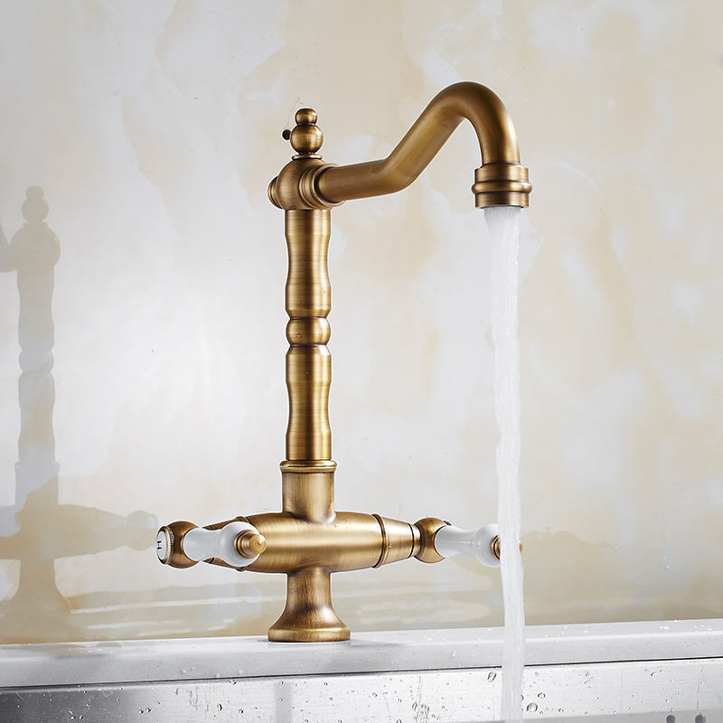 European Heritage Brushed Gold Kitchen Sink Faucets Double Handle Bridge Kitchen Faucet Brass