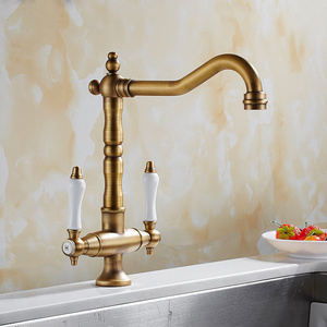 European Heritage Brushed Gold Kitchen Sink Faucets Double Handle Bridge Kitchen Faucet Brass