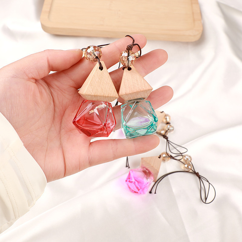 Luxury Colorful 6ml Fashionable Car Hanging Glass Auto Perfume Bottle With Triangle Wooden Cover