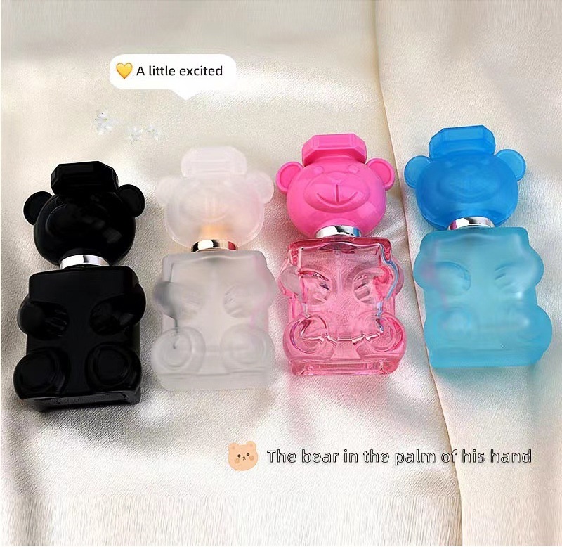 Unique Design Bear Shape Black Clear Frosted Blue Pink Bear Shape 30ml Empty Glass Spray Perfume Bottle