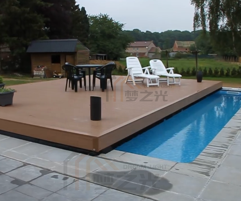 Moving Floor Pool Cover which can be used as a deck for home decoration