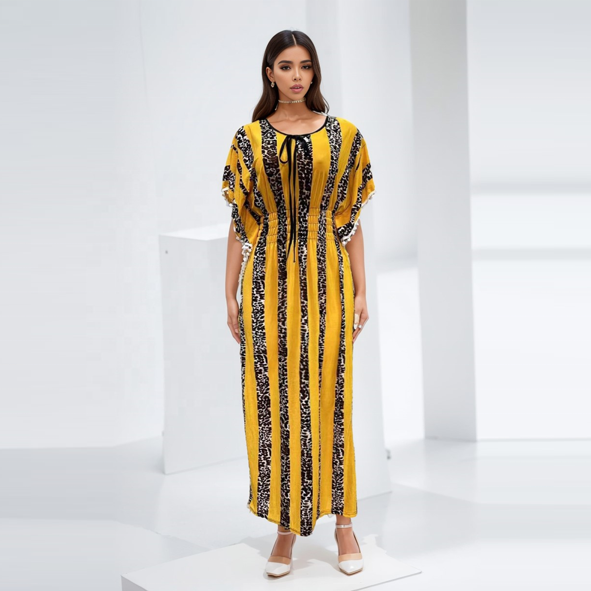 New Style Waistband Stripes Long Middle East Africa Summer Printed Women Dress 2023