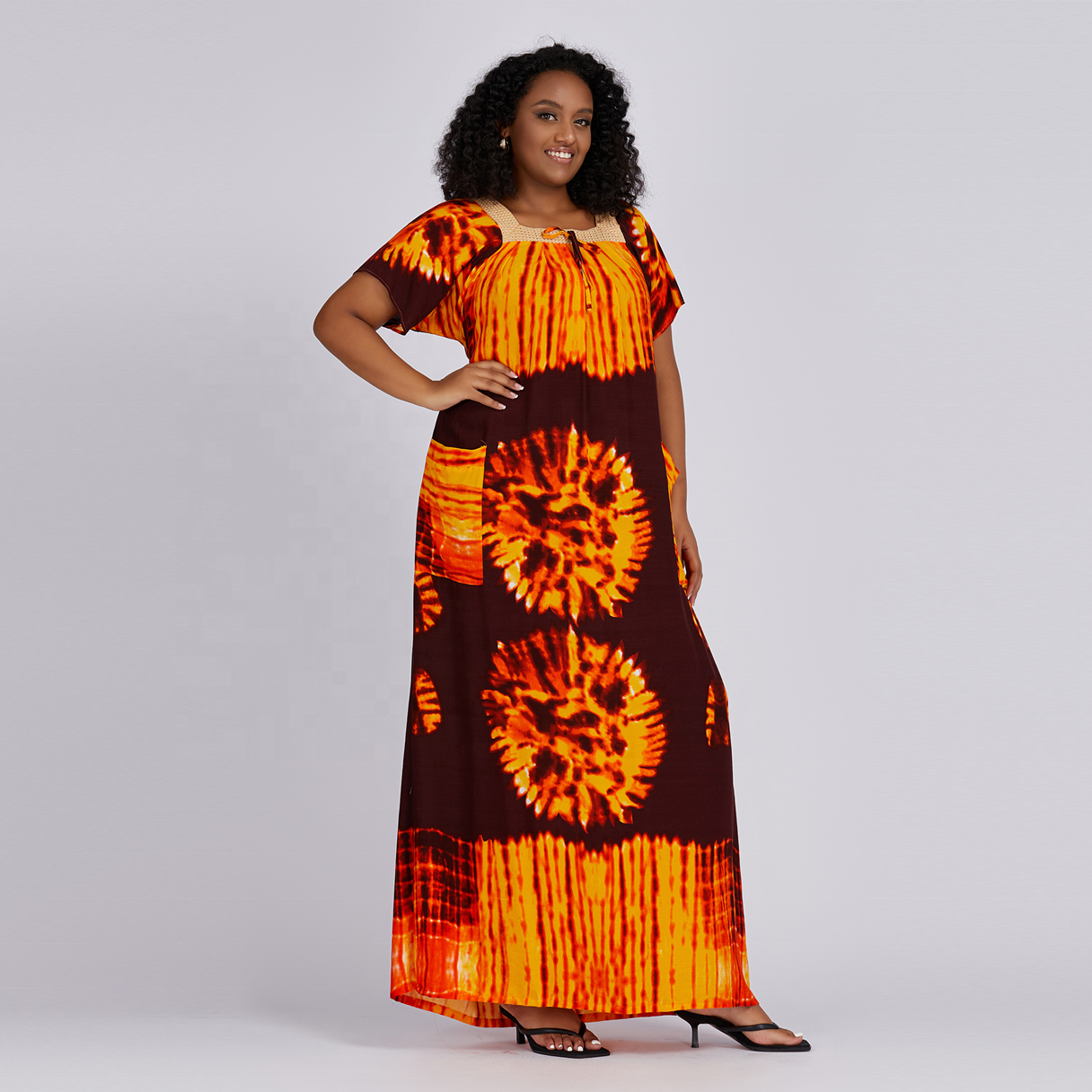 New Fashion Trend Loose Square Neck Ethnic Style African Kitenge Design Printed Casual Women Dress