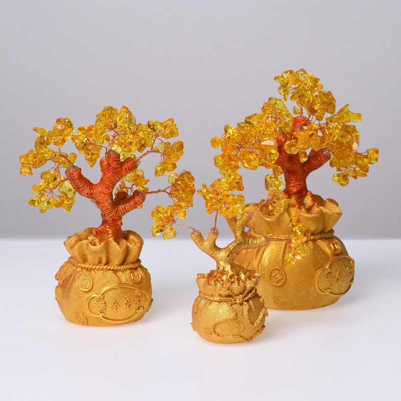 Natural crystal fortune tree money bag tree feng shui money tree for home decoration craft gifts