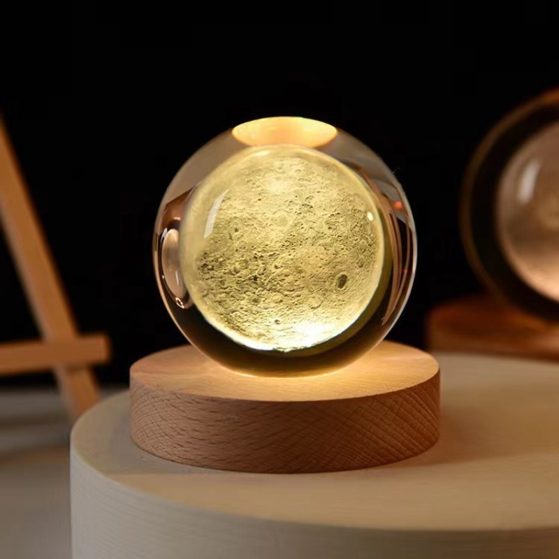 Solar System Planet Sphere Laser 3D Interior Carved Small Night Light Crystal Ball with Wood Base LED Light Night Lamp