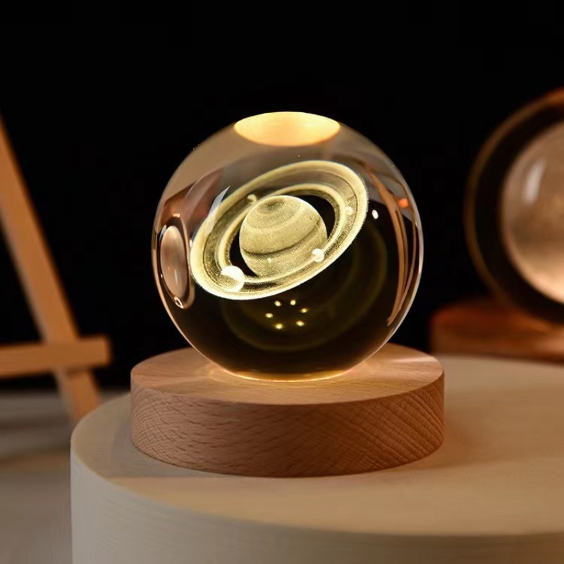 Solar System Planet Sphere Laser 3D Interior Carved Small Night Light Crystal Ball with Wood Base LED Light Night Lamp