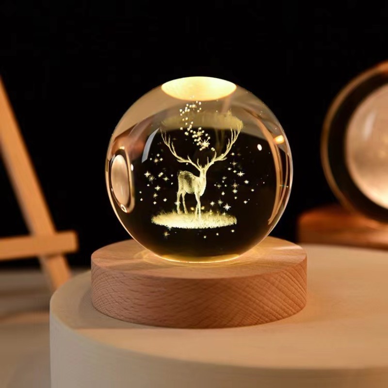 Solar System Planet Sphere Laser 3D Interior Carved Small Night Light Crystal Ball with Wood Base LED Light Night Lamp