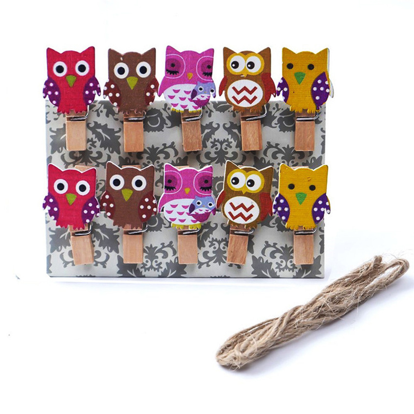 SINO 10Pcs mini owl wooden clothes photo paper peg pin clothespin craft for wedding decoration with rope