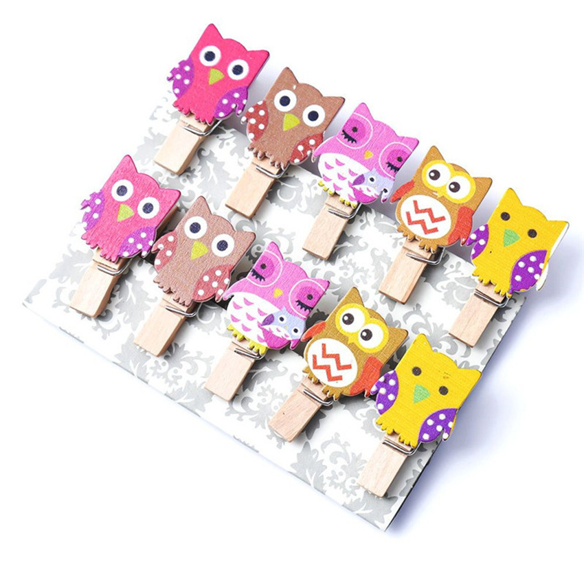 SINO 10Pcs mini owl wooden clothes photo paper peg pin clothespin craft for wedding decoration with rope