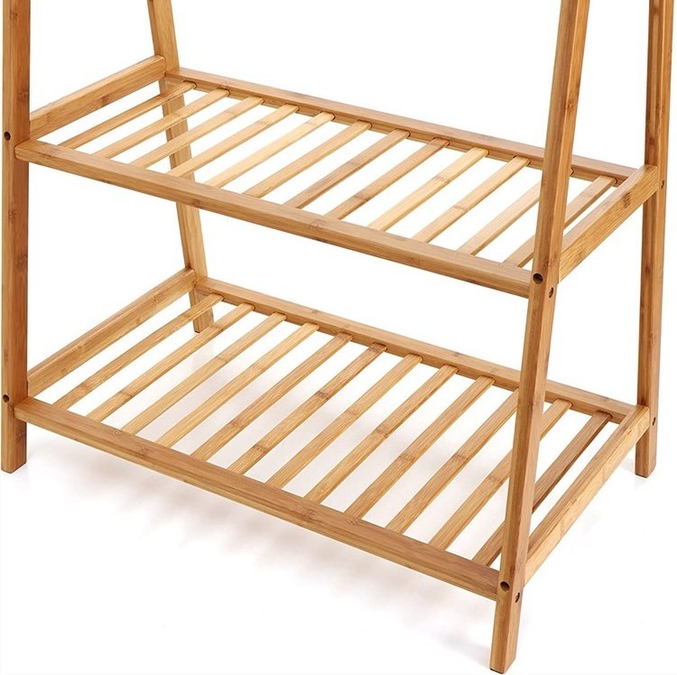 Bathroom Bamboo Clothes Rack Portable Extra Large Garment Rack 2-Tire Storage Shelves For  Bedroom Living Room Entryway