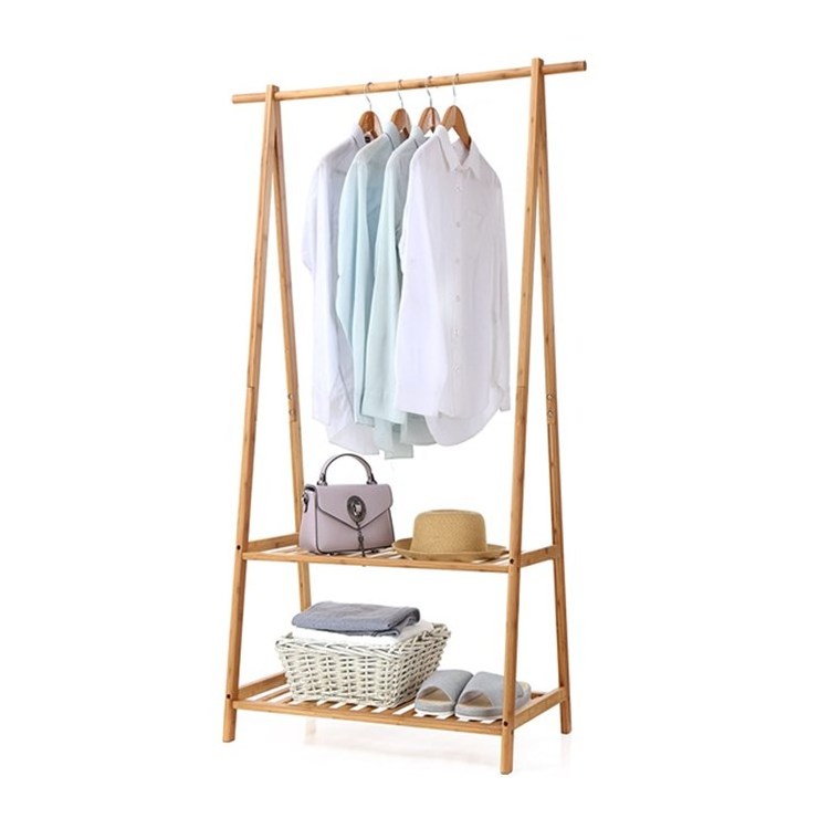 Bathroom Bamboo Clothes Rack Portable Extra Large Garment Rack 2-Tire Storage Shelves For  Bedroom Living Room Entryway