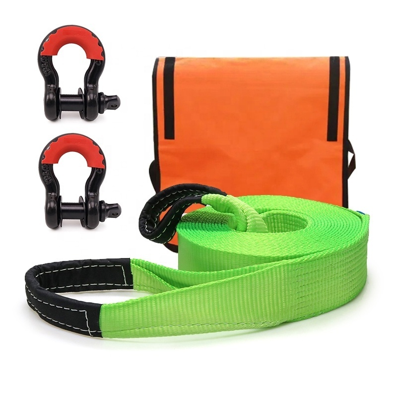 3''9m Recovery Vehicle Car Tow Straps Custom High Visibility Industrial Grade Webbing Reinforced Loops Protective Sleeves Truck