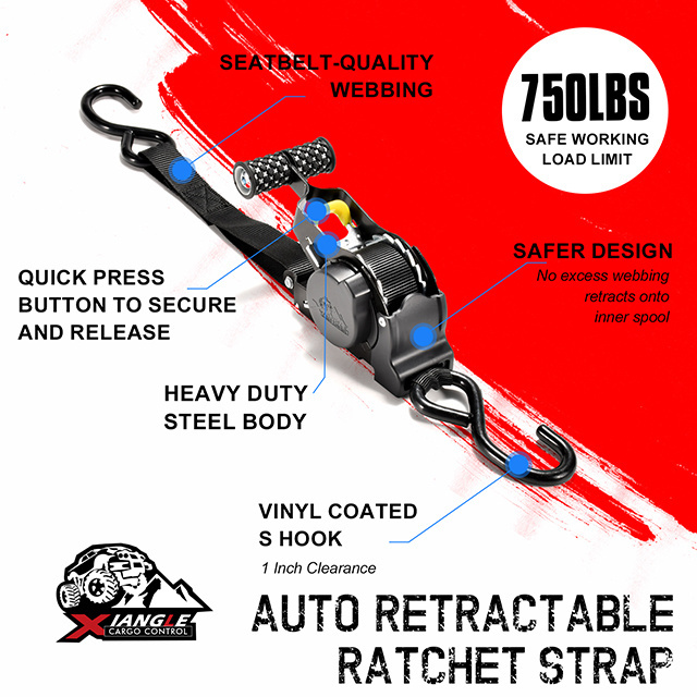 Automatic Strap 25mm 700kgs Self Retracting Motorcycle Tie Down Auto Retractable Ratchet Straps With S Hook