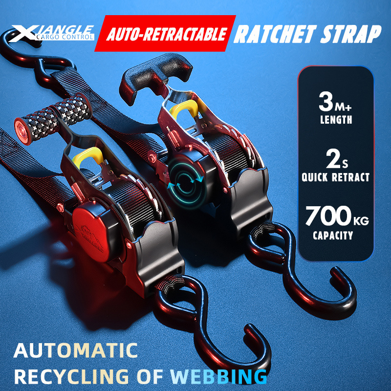 Automatic Strap 25mm 700kgs Self Retracting Motorcycle Tie Down Auto Retractable Ratchet Straps With S Hook