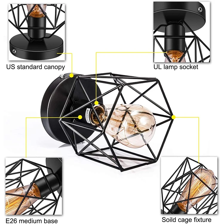 New Retro Geometric Iron Ceiling Light Decoration Fixture Cage Cover Lamp for Kitchen Aisle Porch Balcony