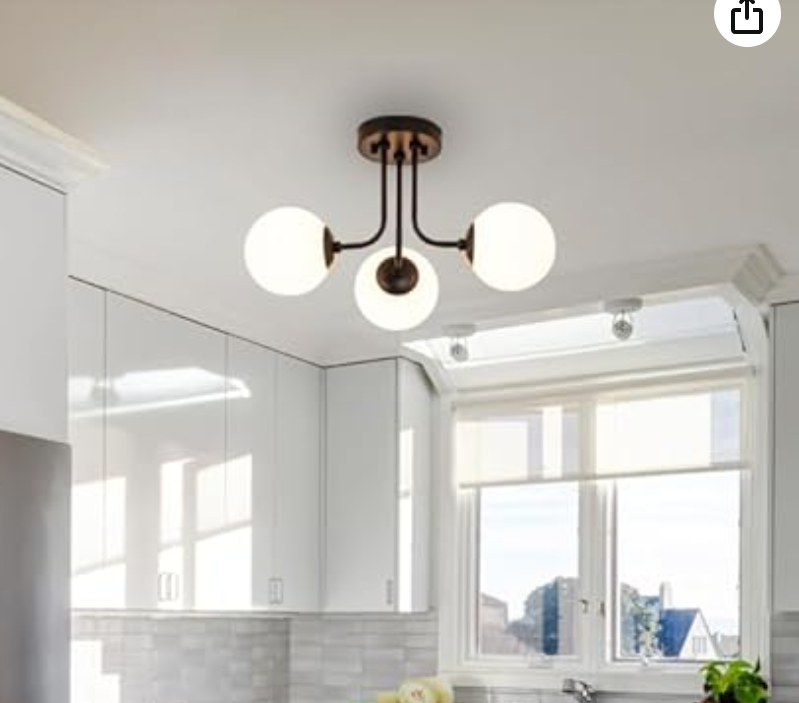 3 modern black metal semi flush mounted ceiling lights with white glass lampshade, ceiling mounted lighting fixtures