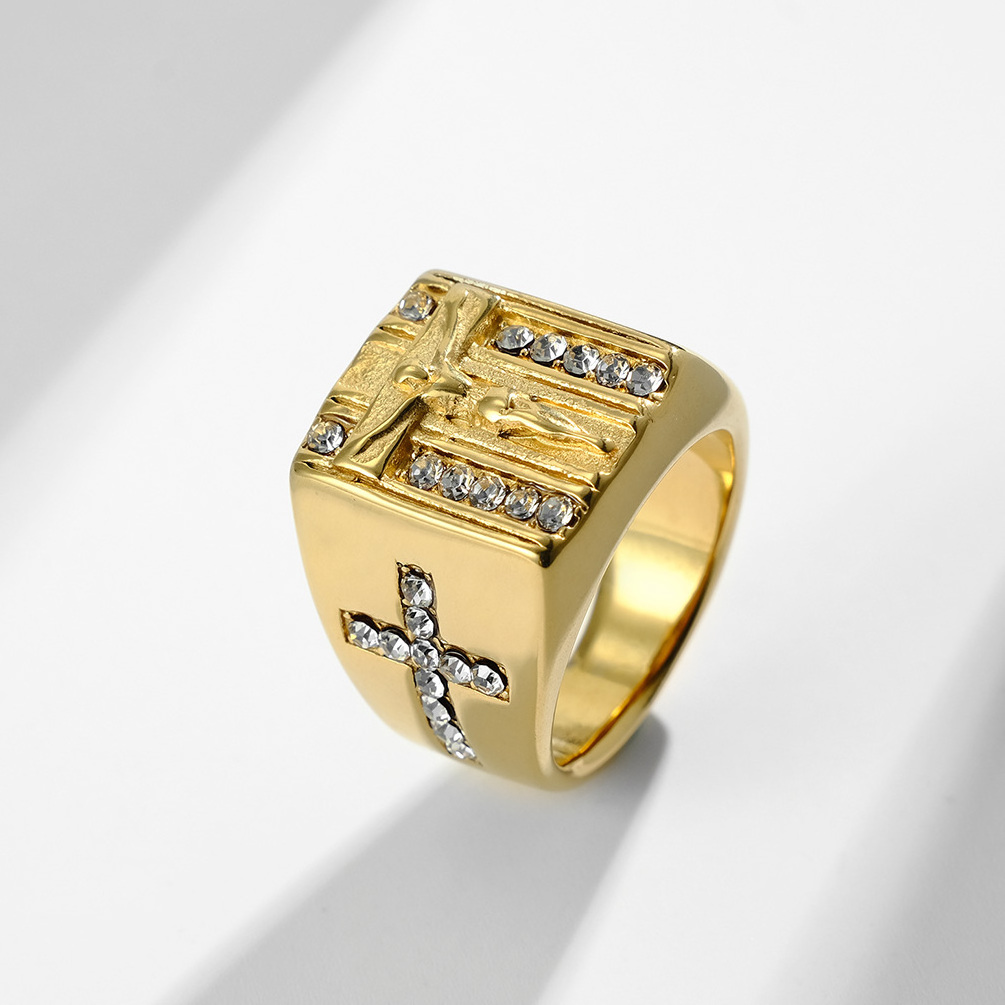 dropshipping popular gothic men's gold filled geometric jesus cross white crystal stone stack ring