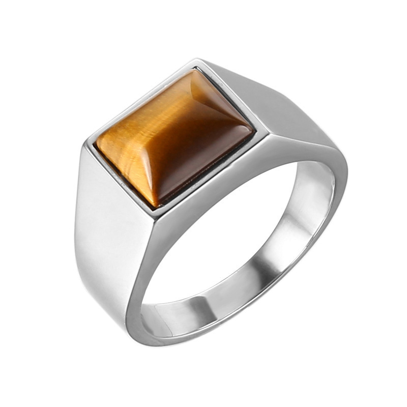 Personality Retro Men's Tiger Eye Stone Inlaid Punk Square Black Onyx Gemstone Silver Ring for Men