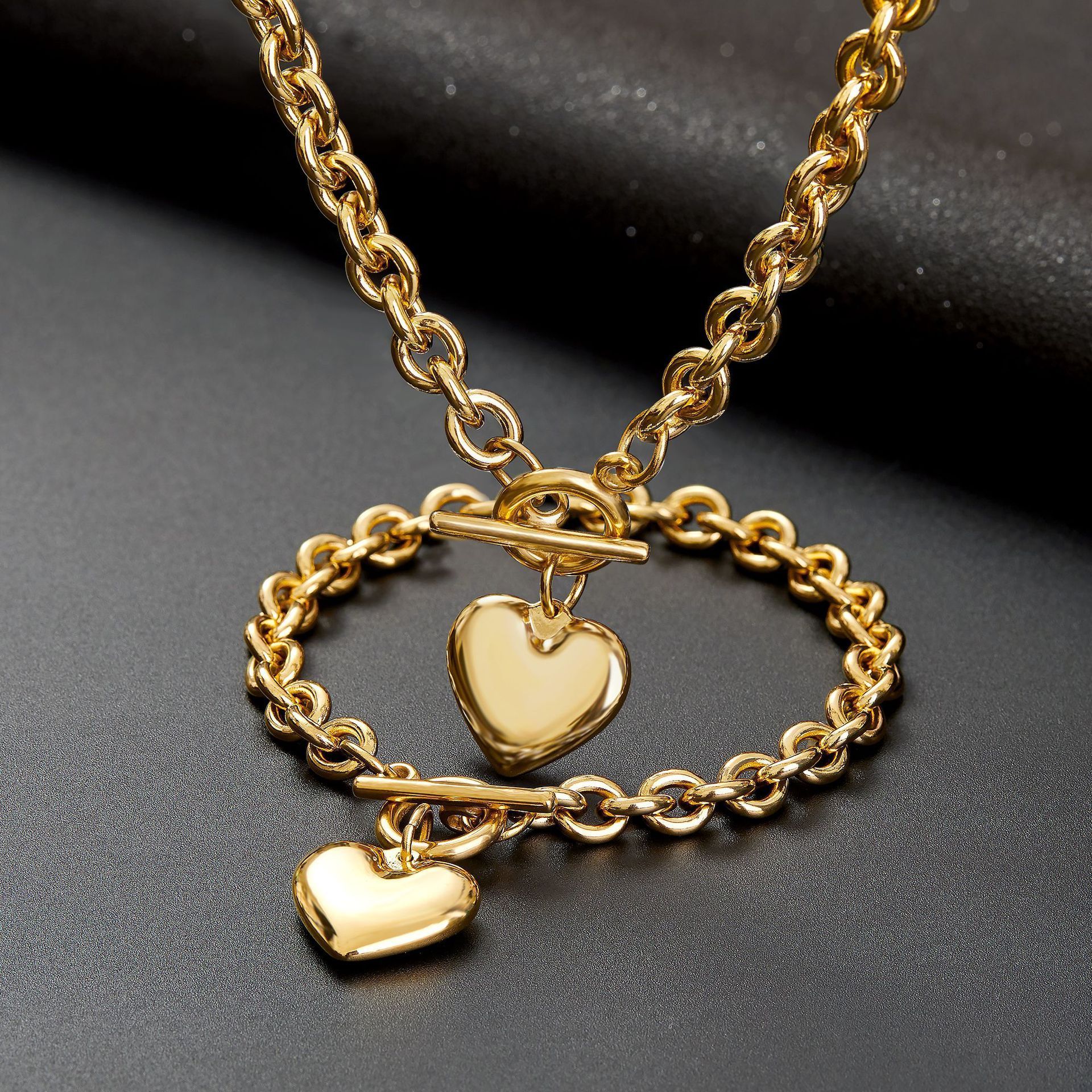 waterproof jewelry heart charms toggle clasp 18k stainless steel chain necklace and bracelet set