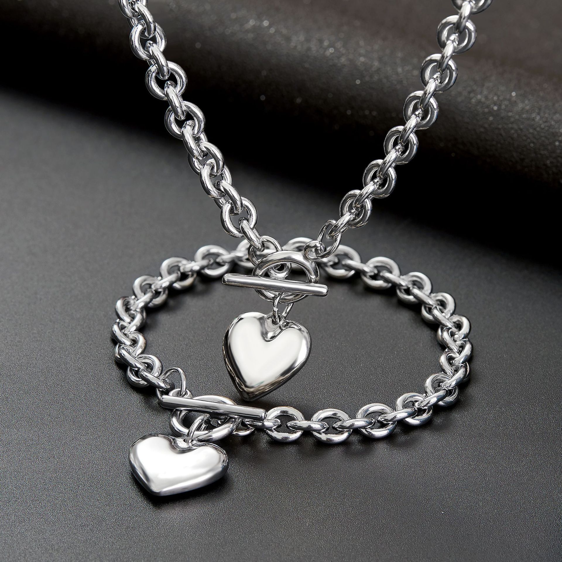 waterproof jewelry heart charms toggle clasp 18k stainless steel chain necklace and bracelet set