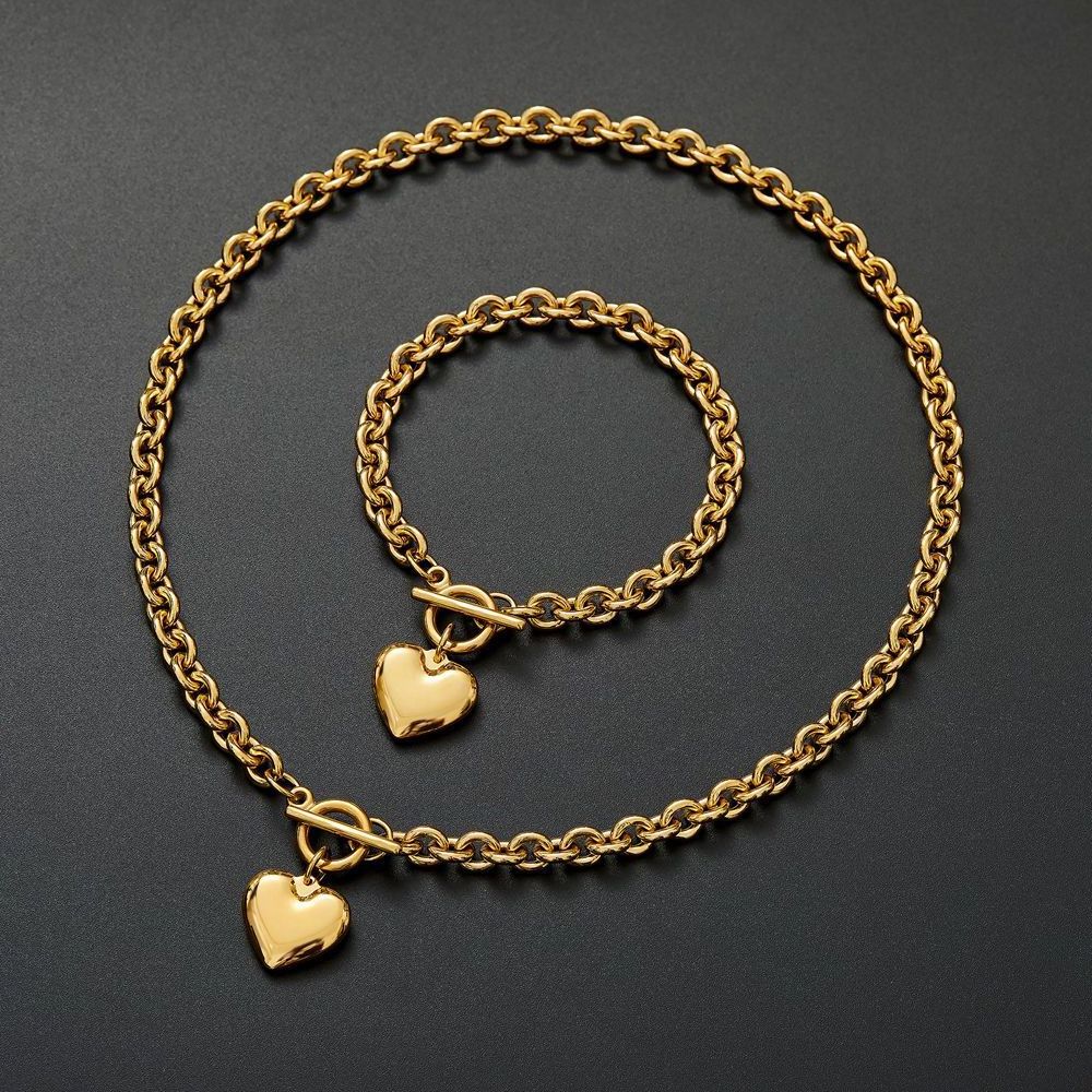 waterproof jewelry heart charms toggle clasp 18k stainless steel chain necklace and bracelet set