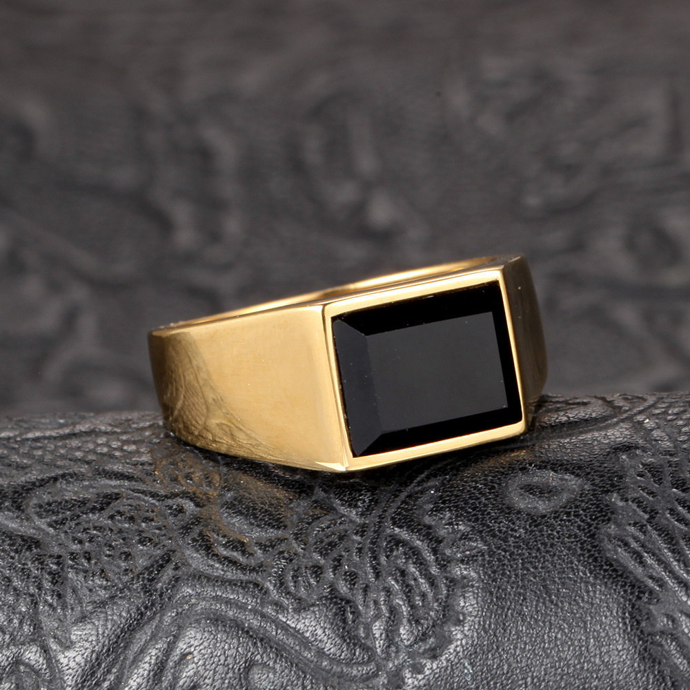 Personality Retro Men's Tiger Eye Stone Inlaid Punk Square Black Onyx Gemstone Silver Ring for Men