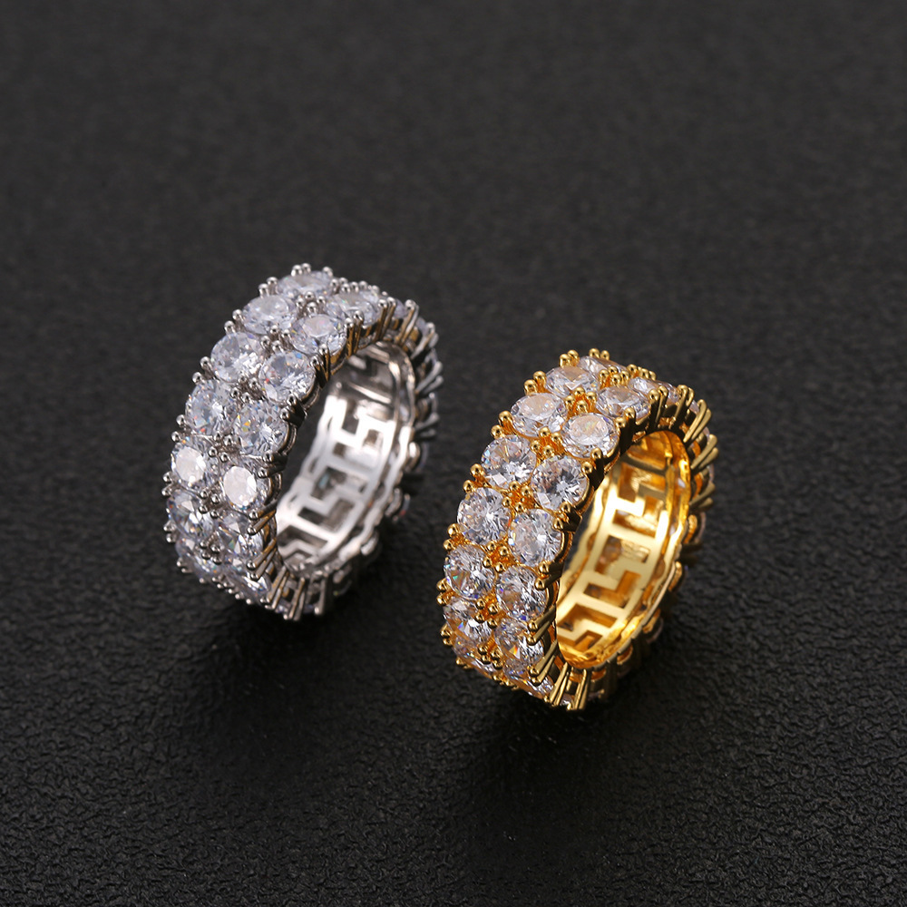 High Quality 9mm Two-Row round Diamond Gold Crushed Ice CZ Hippie Gay Engagement Rings Men Cheap Hip-Hop Jewelry Inlay Setting