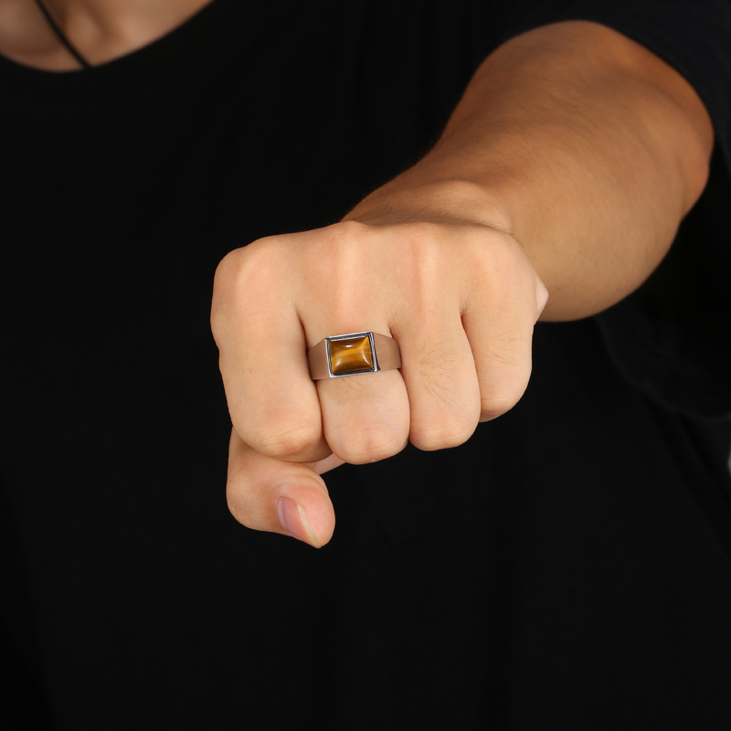 Personality Retro Men's Tiger Eye Stone Inlaid Punk Square Black Onyx Gemstone Silver Ring for Men