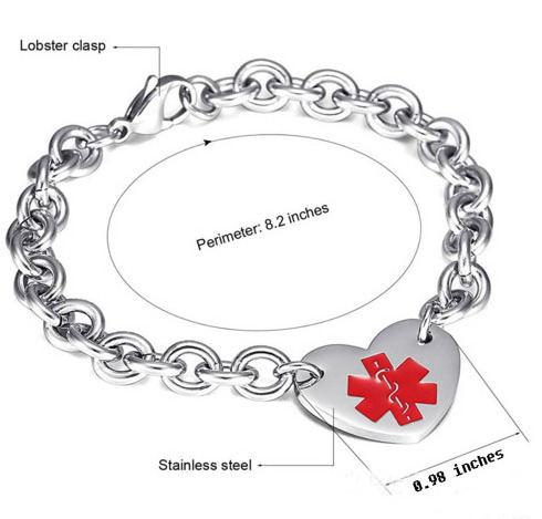 Hot style stainless steel medical alert heart charm Bracelet