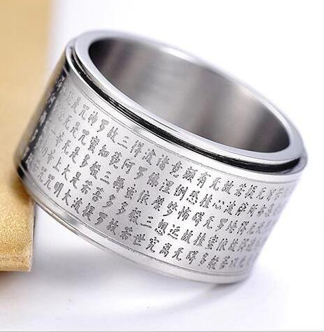 Factory sales engraved buddhist sutra silver custom stainless steel spinner rings