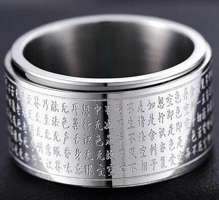 Factory sales engraved buddhist sutra silver custom stainless steel spinner rings