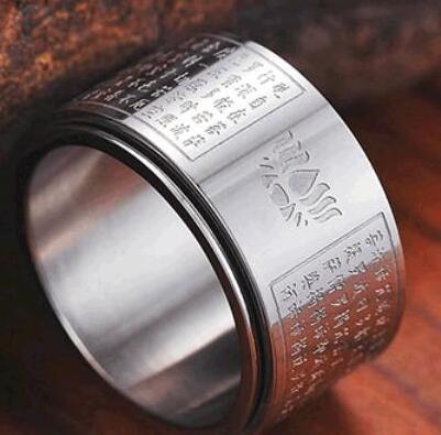 Factory sales engraved buddhist sutra silver custom stainless steel spinner rings