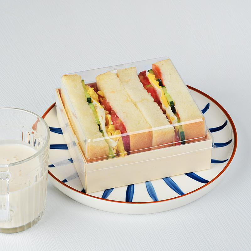 High-end food-grade baking disposable packaging wooden square PET transparent lid sandwich packaging box salad sushi box