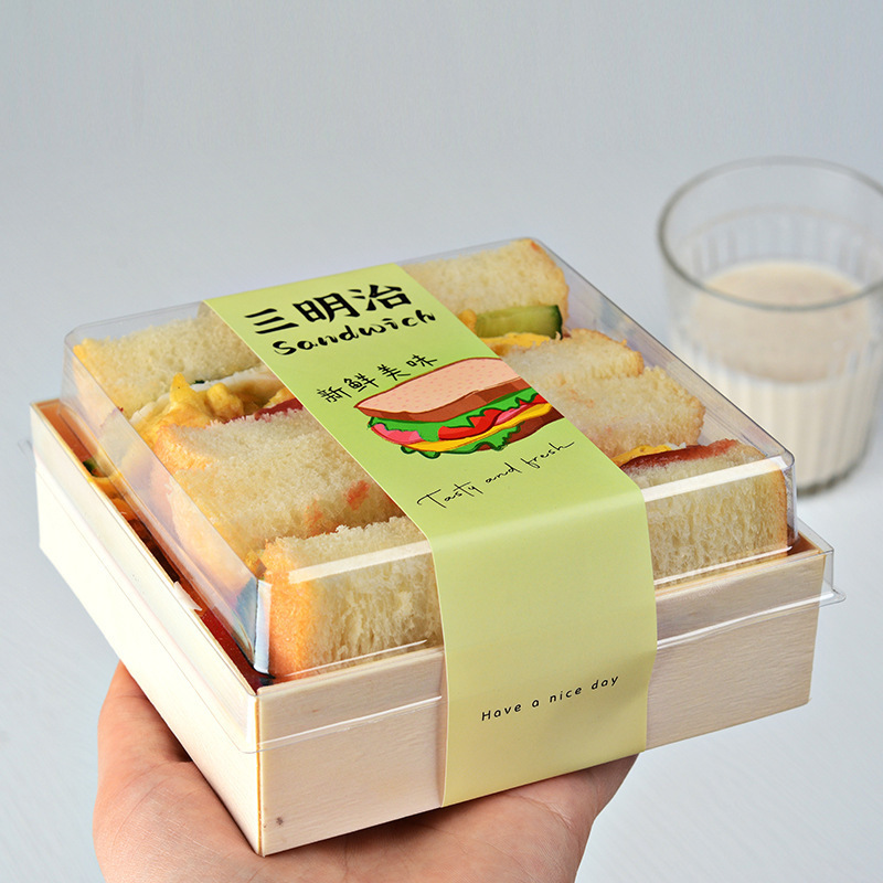 High-end food-grade baking disposable packaging wooden square PET transparent lid sandwich packaging box salad sushi box