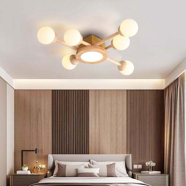 2024 Zhongshan Factory Wholesale Nordic 7-Light Wooden LED Flush Mount Ceiling Light with White Glass Shade