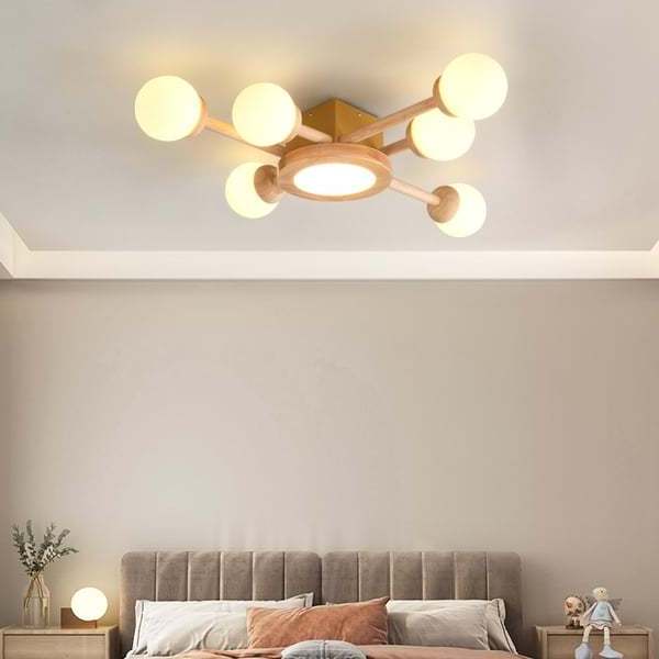 2024 Zhongshan Factory Wholesale Nordic 7-Light Wooden LED Flush Mount Ceiling Light with White Glass Shade