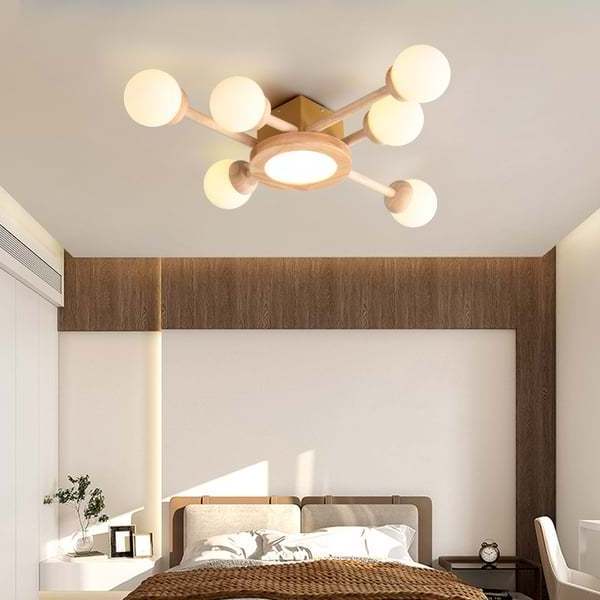 2024 Zhongshan Factory Wholesale Nordic 7-Light Wooden LED Flush Mount Ceiling Light with White Glass Shade