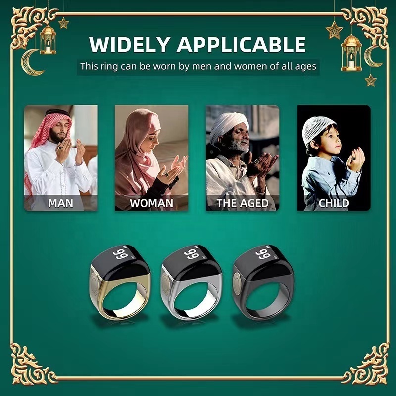 Smart Zinc Alloy Muslim Islamic Electronic Zikir Counter Digital Azan Alarm Clock Tasbeeh Tasbih Zikr Ring RechargeablePray Ring