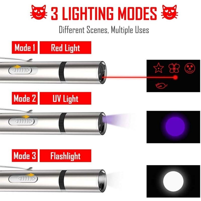 Upgraded 3 in 1 USB Rechargeable LED Red Dot Laser Pointer Interactive Cat Chaser Toy with Patterns and UV