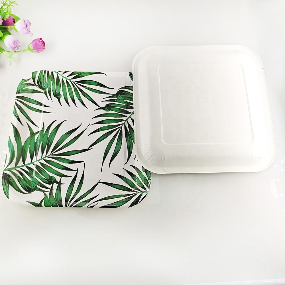 Disposable luxury dishes plates with Palm Leaves Design 9.5 Inch Square heavy duty paper dishes & plates