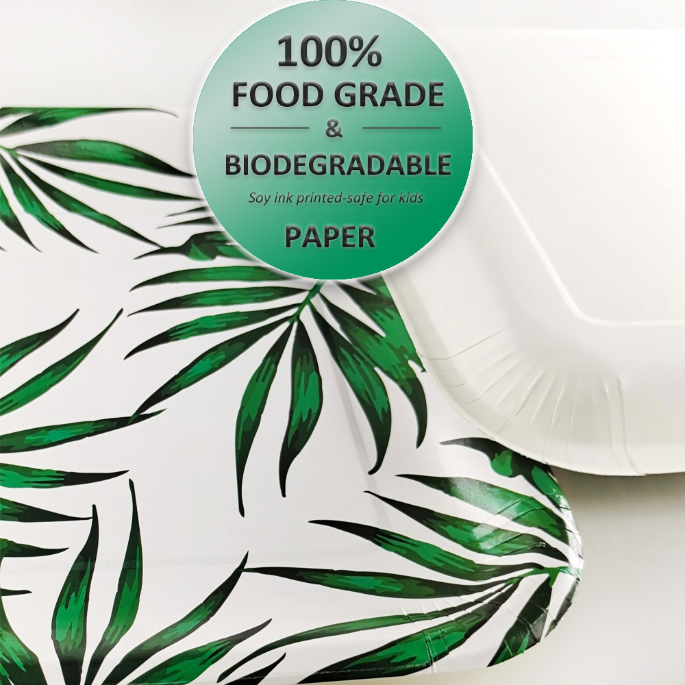 Disposable luxury dishes plates with Palm Leaves Design 9.5 Inch Square heavy duty paper dishes & plates