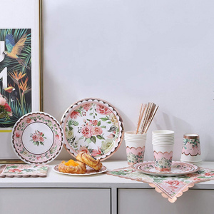 Classic vintage flower design colorful printed disposable paper cup plate napkin dinnerware set